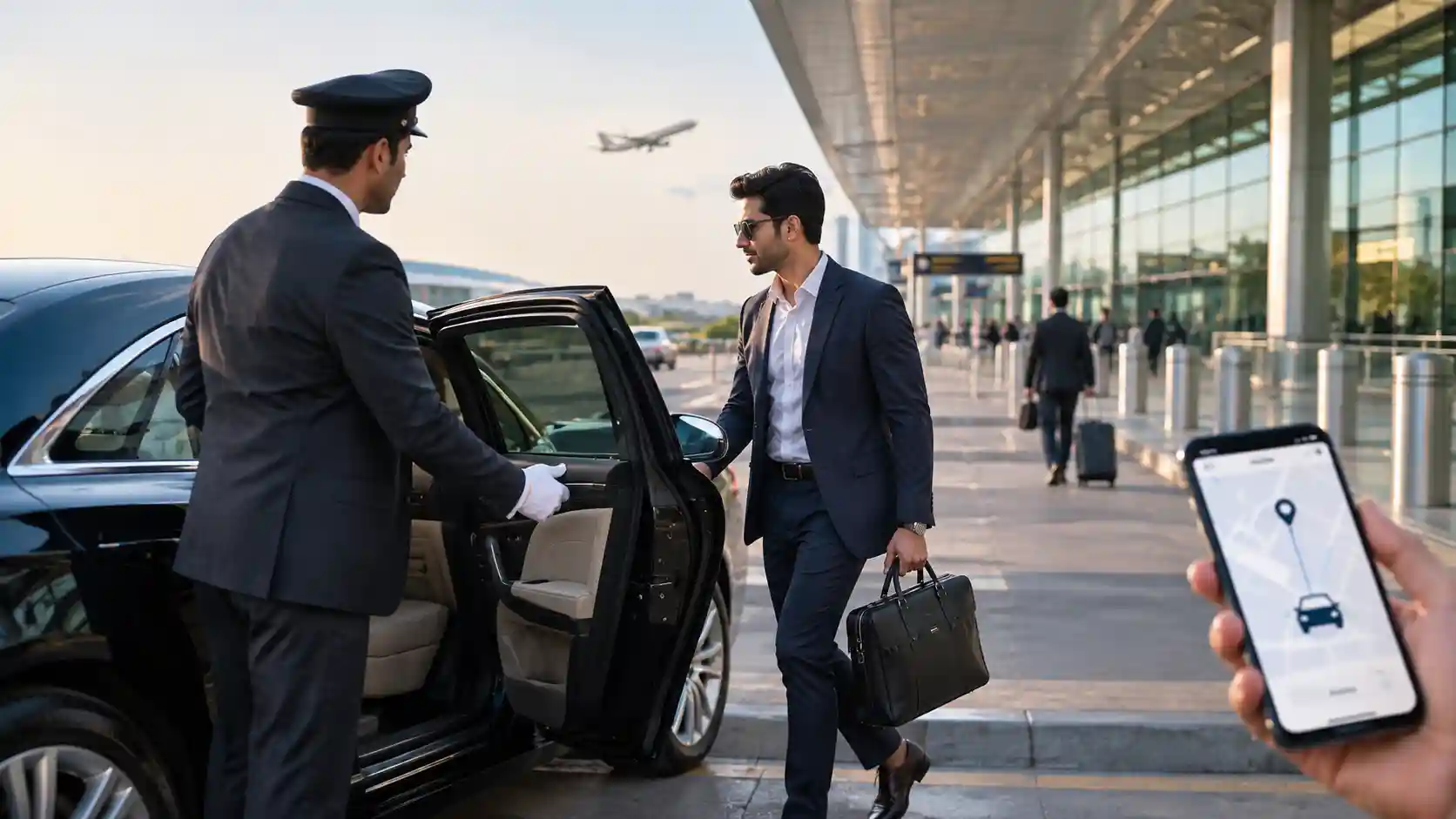 Private chauffeur service in India – chauffeur opening the car door for a business traveller at the airport