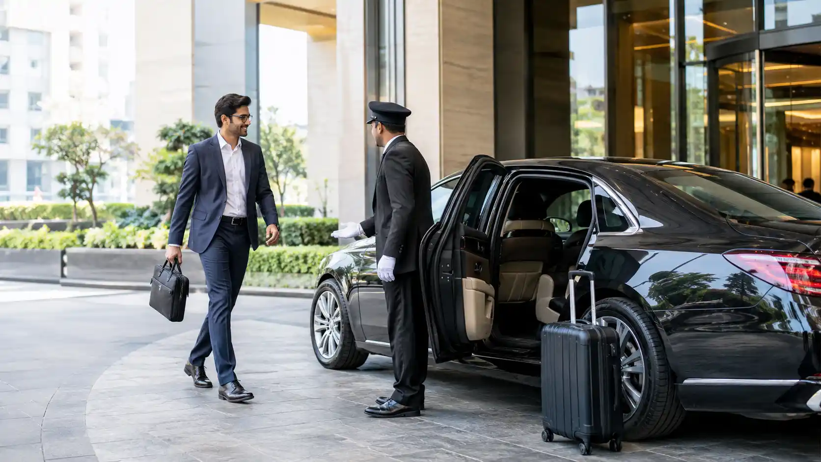 Corporate chauffeur hire – luxury car arriving at a modern corporate entrance for a business guest